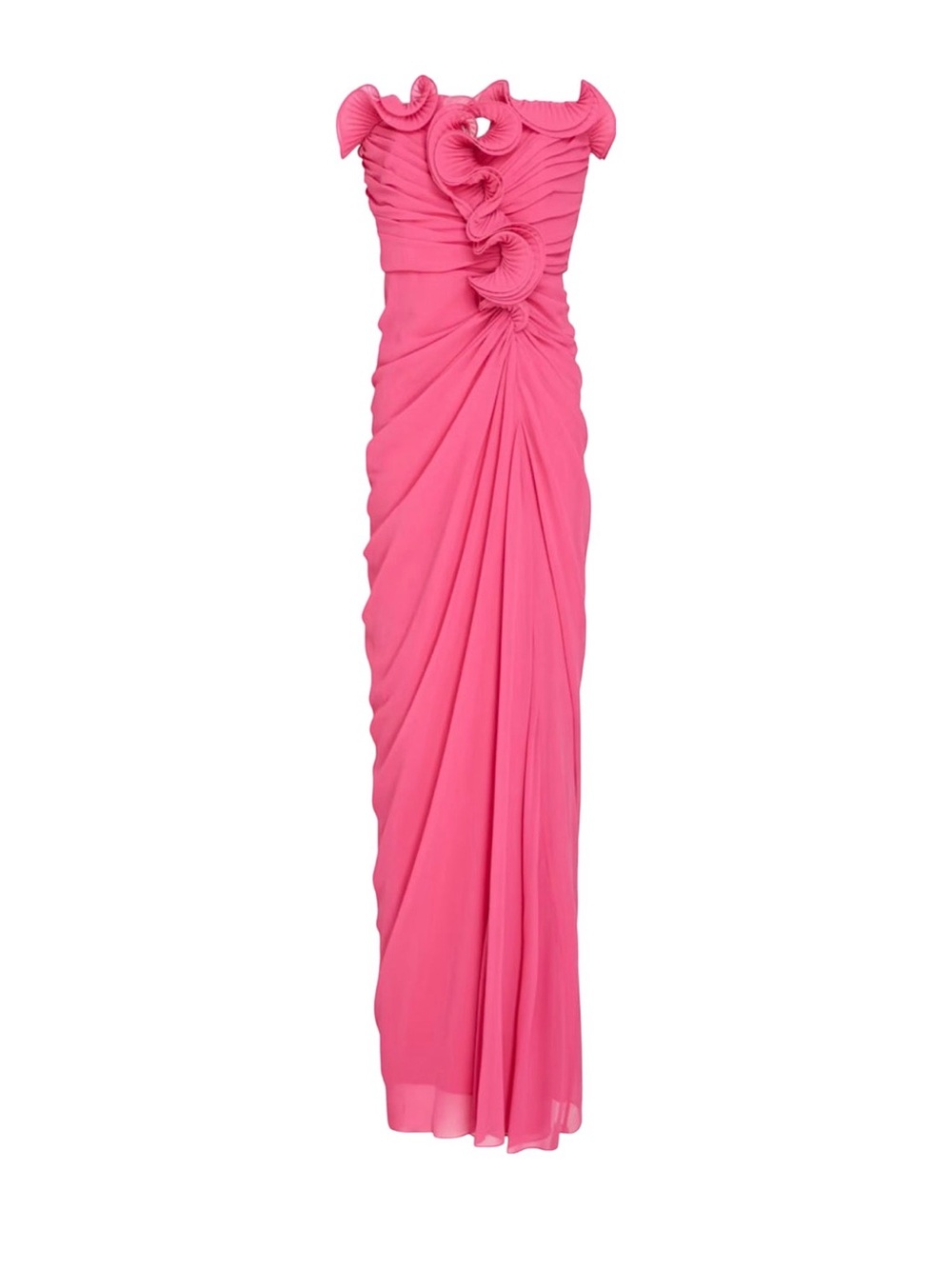 [worn once] Badgley Mischka Fuschia Ruffled Strapless Maxi Gown